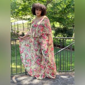 Stylish Floral Print Sheer Chiffon High Low Kaftan and Wide Leg Palazzo Pants